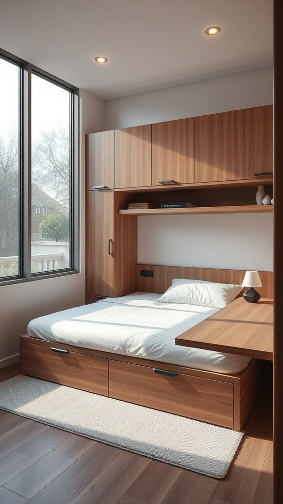 A small bedroom featuring multi-functional furniture with a bed that has storage drawers underneath and overhead cabinets.