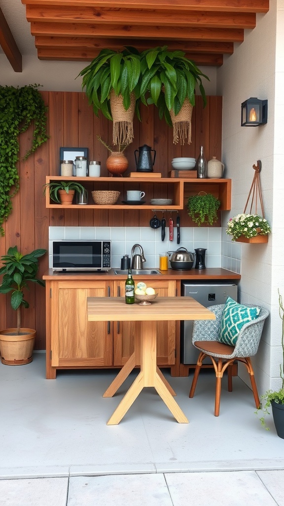 Compact outdoor kitchen with multi-functional furniture