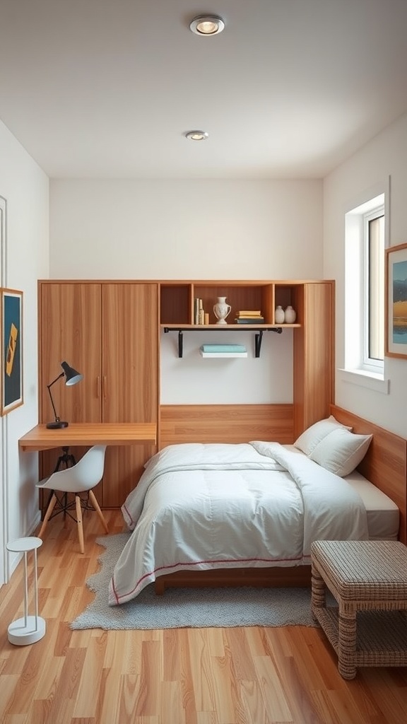 Cozy small bedroom featuring multi-functional furniture with a bed, desk, and shelves