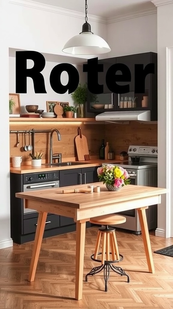 A cozy kitchen featuring a wooden table, stool, and modern appliances, designed for efficiency.