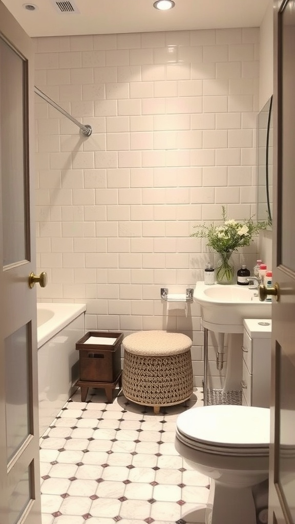 A small modern bathroom featuring multi-functional furniture, including a round stool and wooden storage box.
