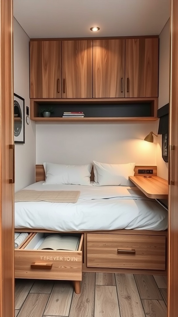 A small bedroom with a bed featuring storage drawers, a desk, and overhead shelves.
