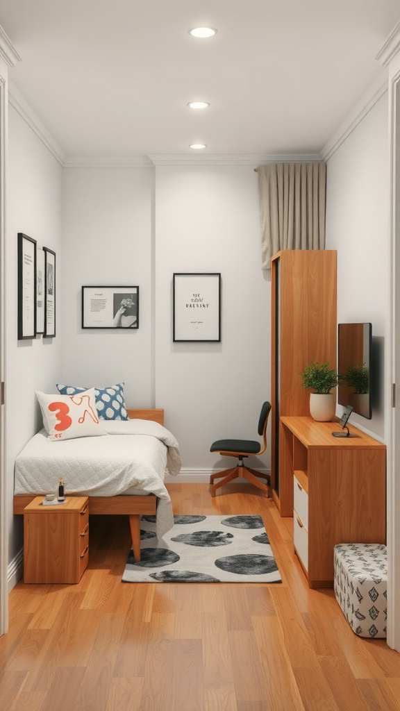 A small bedroom layout featuring a bed, desk, and storage options in a cozy arrangement.