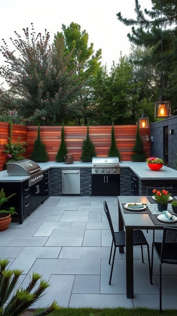 A modern outdoor kitchen with a grill, black cabinetry, and a dining table surrounded by greenery.
