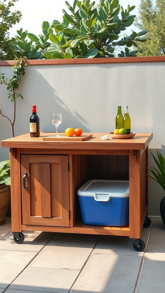 A wooden prep table with wheels, holding fruits, drinks, and a cooler, set in a cozy outdoor space.