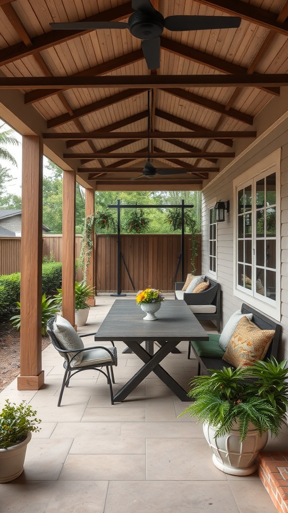 Cozy covered patio with a dining table, comfortable seating, and plants.