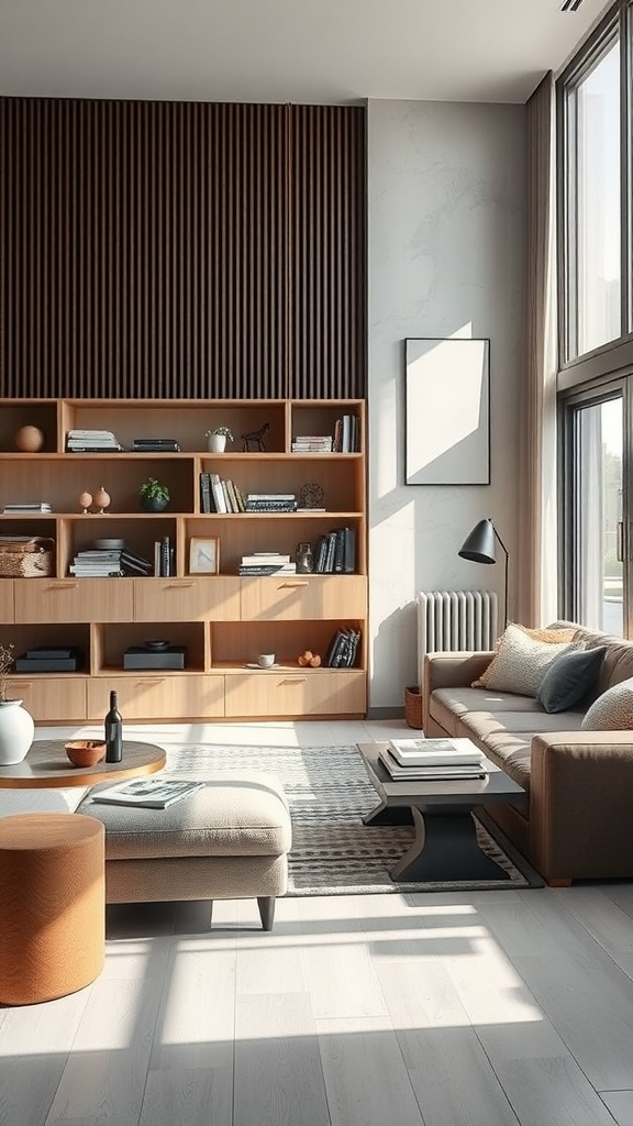 A cozy living room with a modern design featuring a shelving unit, a comfortable sofa, and natural light coming from large windows.