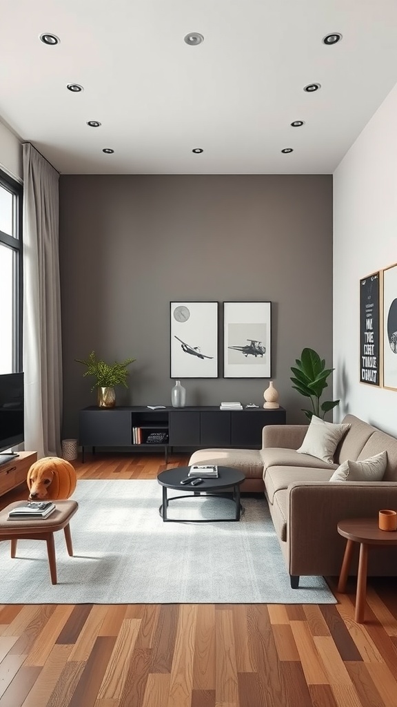 A minimalist living room featuring a beige sofa, a coffee table, and decorative art on the wall.