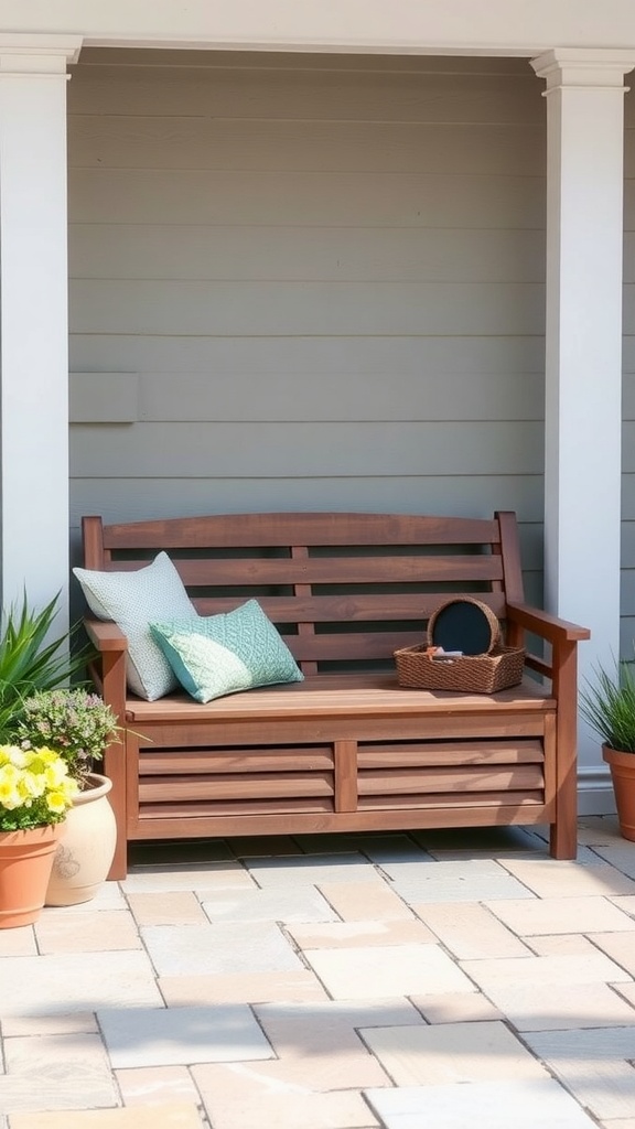 Wooden storage bench on a small patio surrounded by potted plants and decorative pillows.