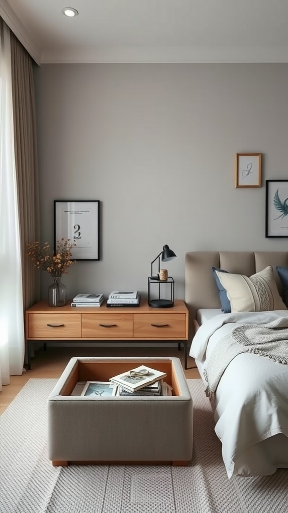 A minimal bedroom featuring multi-functional storage solutions, including a low wooden dresser and a coffee table with hidden storage.