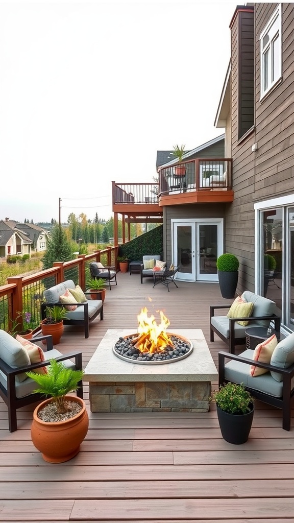 Multi-level deck with a central fire pit and comfortable seating