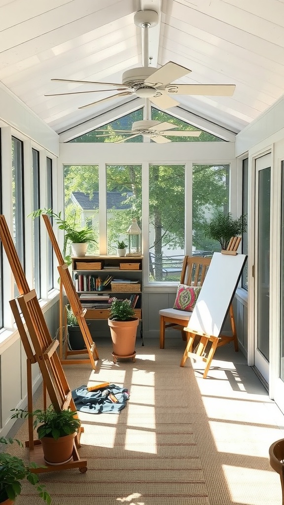 Bright screened-in back porch with easels, plants, and bookshelf.