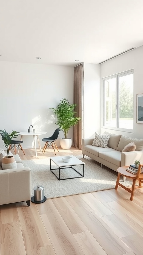 A bright living room with a cozy sofa, dining table, and plants, showcasing a clean aesthetic and multifunctional design.