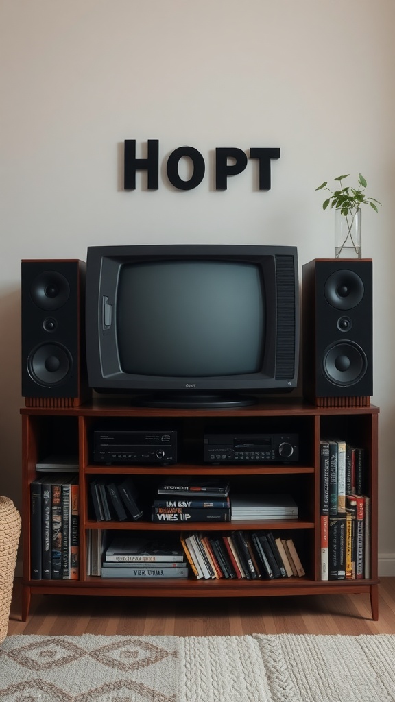 A 90s style multimedia entertainment center featuring a CRT TV, speakers, and shelves with books and CDs.