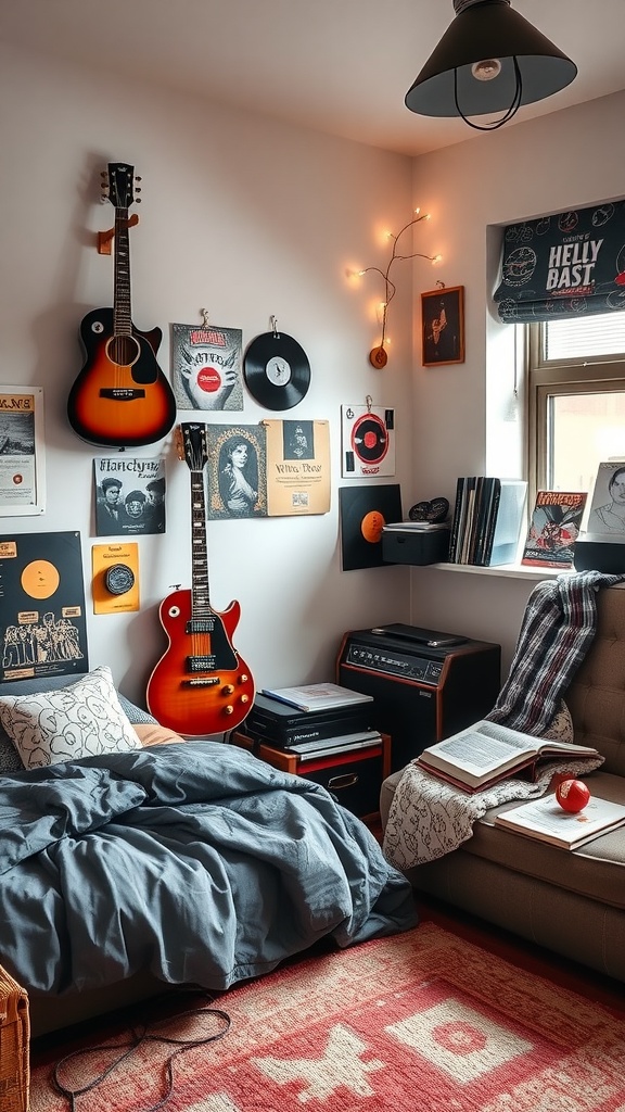 A cozy teen bedroom nook with guitars, vinyl records, and a comfortable bed.