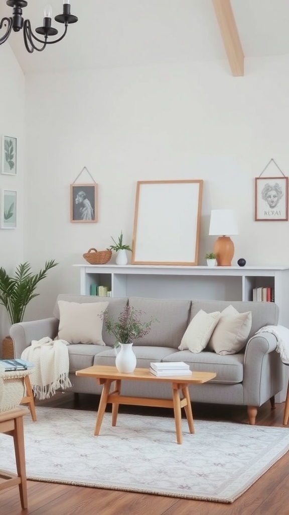 A cozy living room decorated in muted pastels, featuring a gray sofa, soft cushions, potted plants, and natural wooden accents.