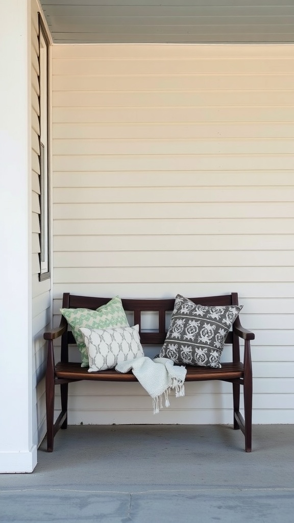 A narrow wooden bench with colorful throw pillows on a small front porch.