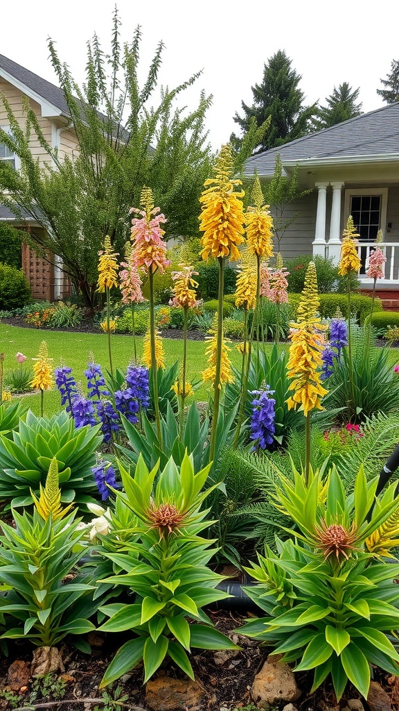 A vibrant front yard featuring native plants with yellow and blue flowers, showcasing low-maintenance landscape ideas.