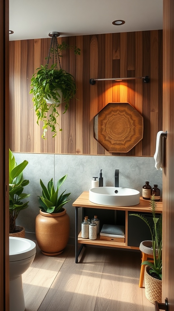 A modern guest bathroom featuring wooden walls, plants, and a stylish sink.