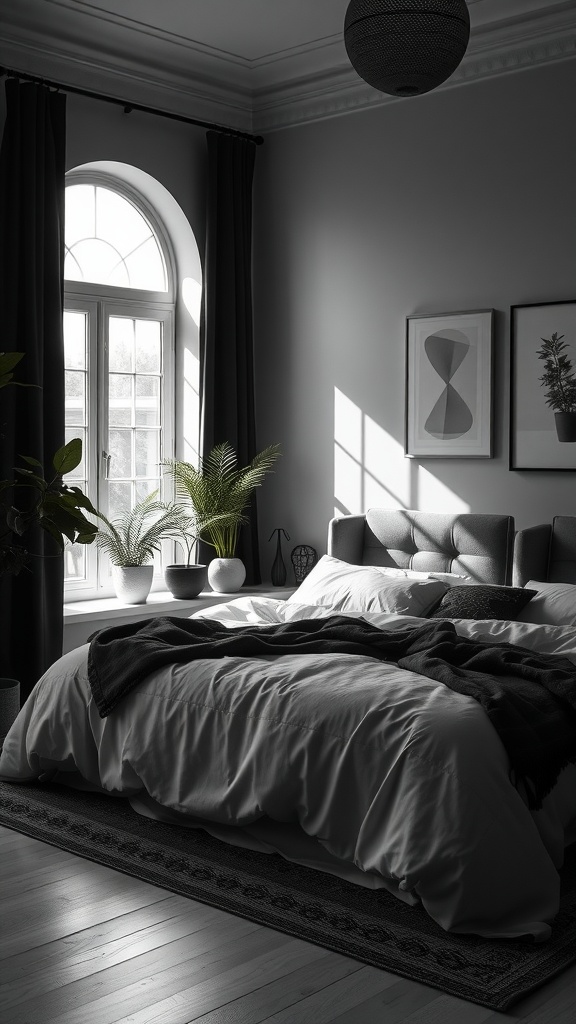 A stylish black, white, and grey bedroom featuring plants, natural light, and cozy textures.