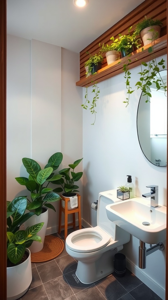 Modern bathroom with greenery, featuring plants and a wooden shelf.