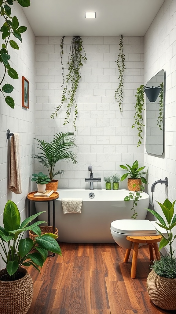 A modern bathroom featuring a freestanding bathtub, plants, and wooden accents.