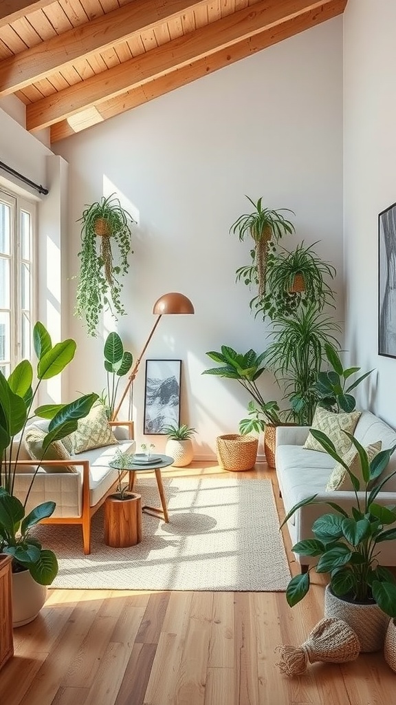 A bright and airy 70s inspired living room with various indoor plants, wooden beams, and cozy furniture.