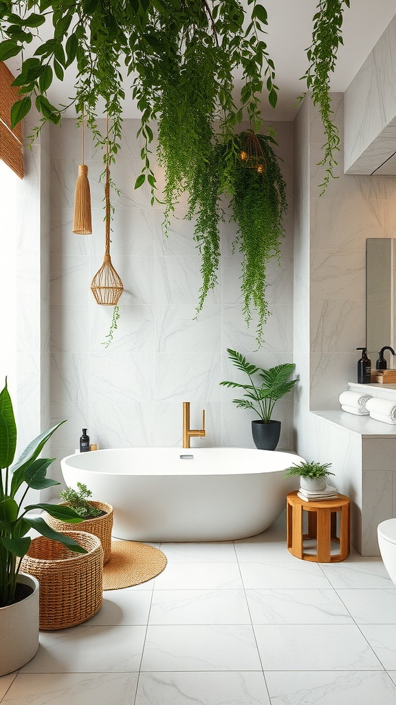 A modern bathroom featuring hanging plants, a free-standing bathtub, and natural wood accents.