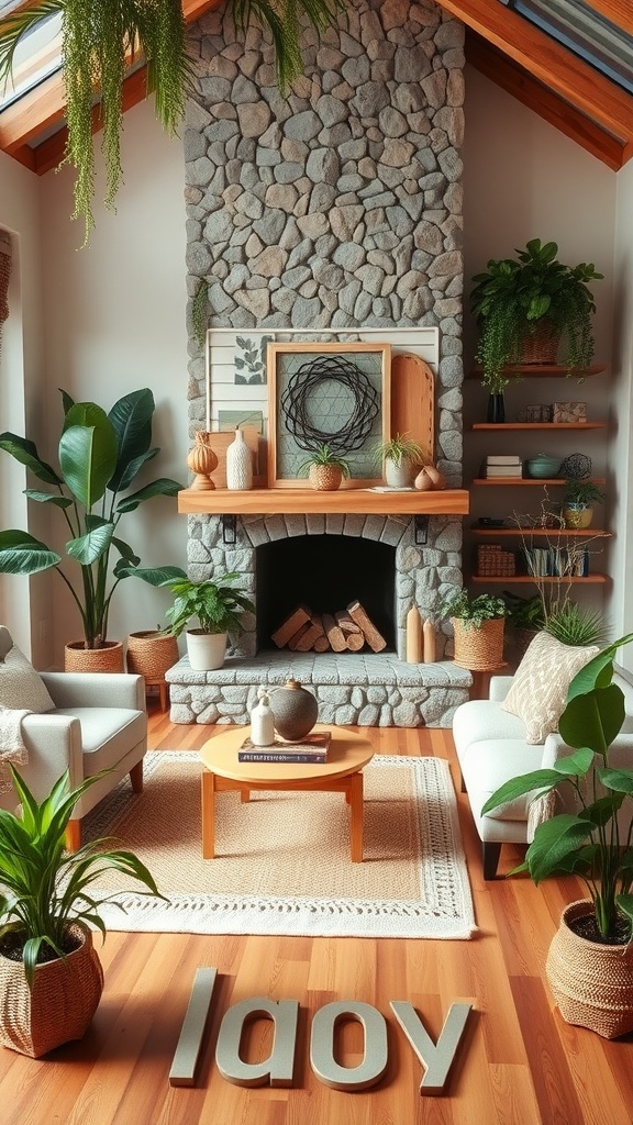 A cozy living room featuring a stone fireplace, plants in woven baskets, and a wooden coffee table.