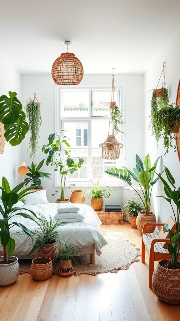 A boho bedroom filled with various plants, featuring a bed, natural materials, and bright lighting.