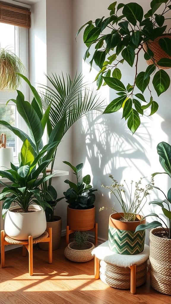 A cozy indoor space filled with various potted plants, showcasing natural elements.