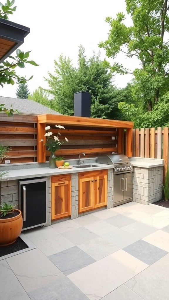 An outdoor kitchen featuring wooden cabinets, a grill, and surrounding greenery.