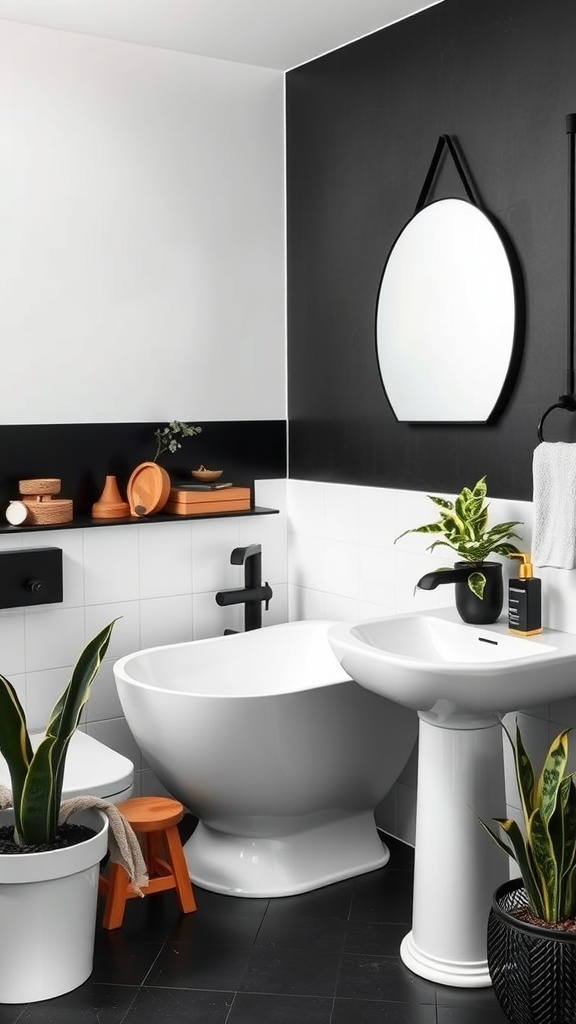 A modern black and white bathroom with plants and wooden decor elements