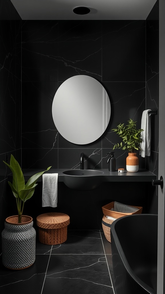 A stylish black bathroom with natural elements like plants and woven baskets.