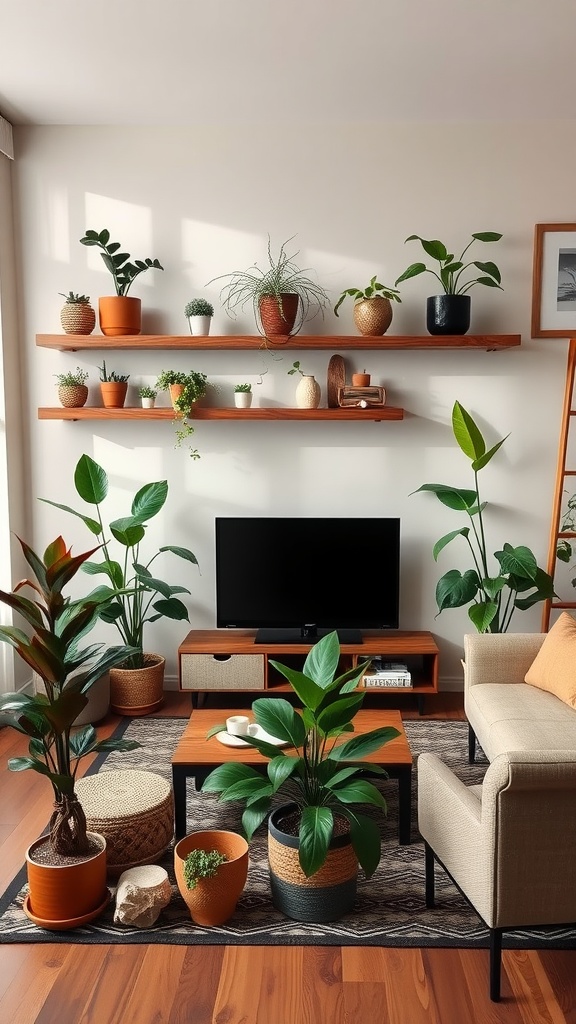 A cozy brown living room with various plants on shelves and around the furniture.