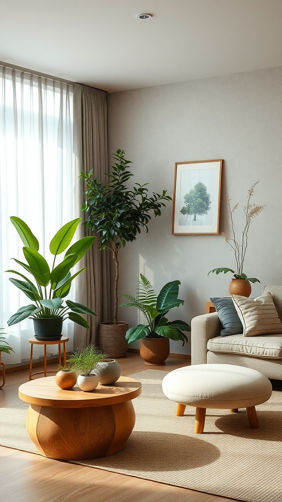 A cozy Korean living room featuring large plants, a wooden coffee table, and soft sunlight filtering through sheer curtains.