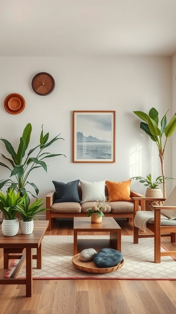 A cozy living room featuring plants, wooden furniture, and colorful cushions.