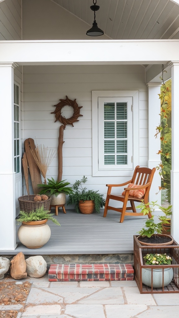 A cozy front porch with a wooden chair, plants in pots, a decorative wreath, and natural elements.
