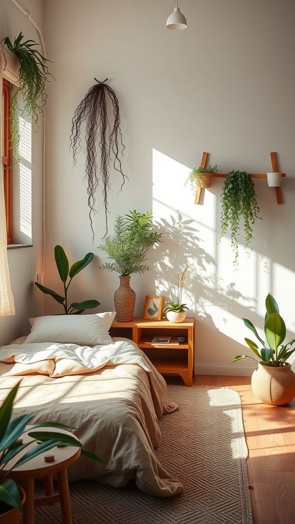 A cozy bedroom with natural elements, featuring plants, warm sunlight, and soft textures.