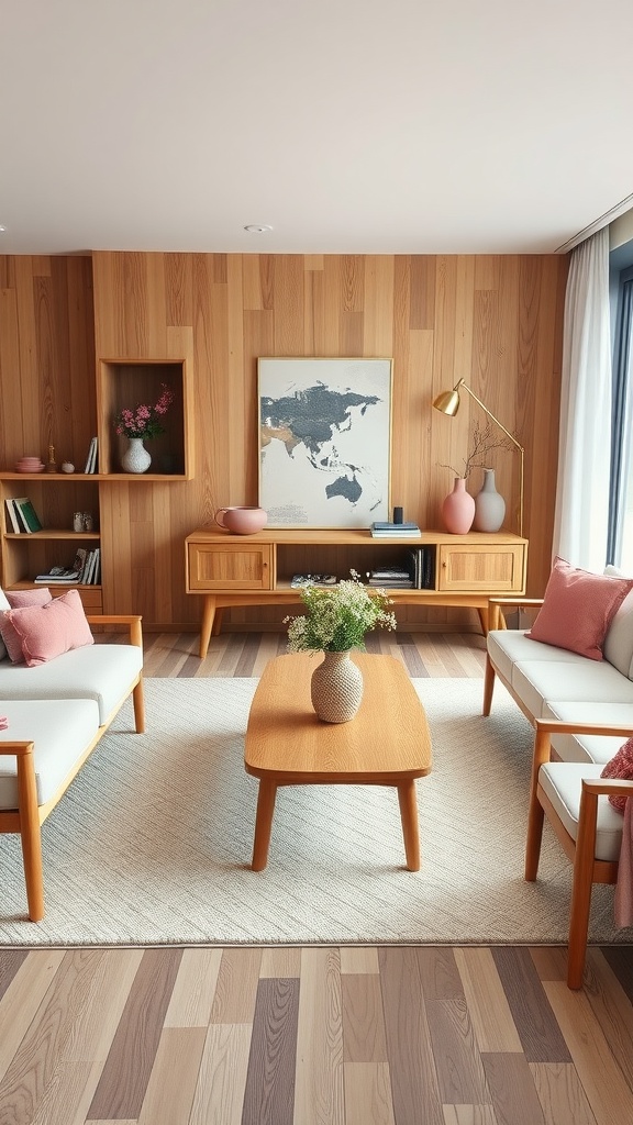 A cozy living room featuring wooden walls and pink accents, including cushions and vases.
