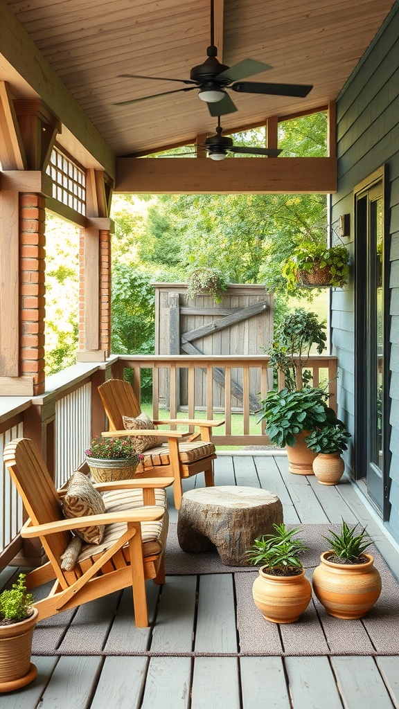 Cozy back porch with wooden chairs, a tree stump table, and potted plants