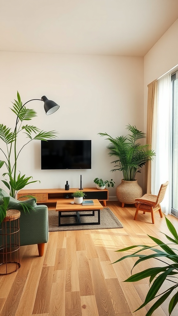A cozy living room featuring natural wood flooring, plants, and modern furniture.