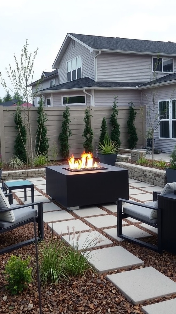 A modern natural gas fire pit surrounded by pavers and seating in a backyard setting.