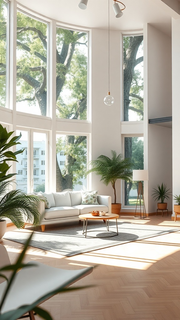 Bright living room with large windows, plants, and a cozy sofa.