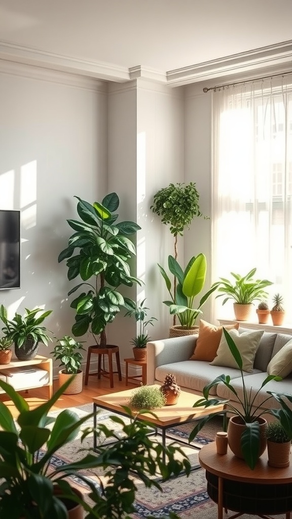 A cozy living room filled with natural light and various indoor plants, showcasing a cottagecore aesthetic.