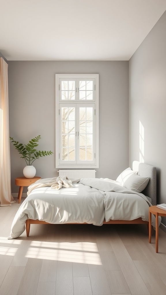 A bright and airy bedroom featuring gray and beige tones with natural light streaming through large windows.