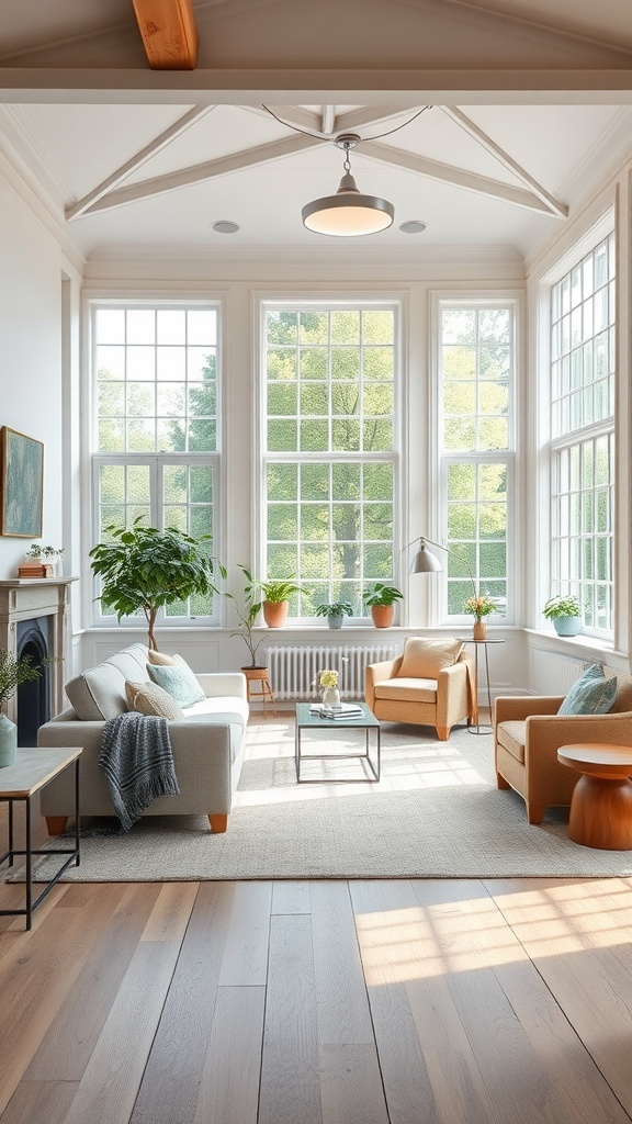 A bright, open English living room with large windows, comfortable seating, and plants.