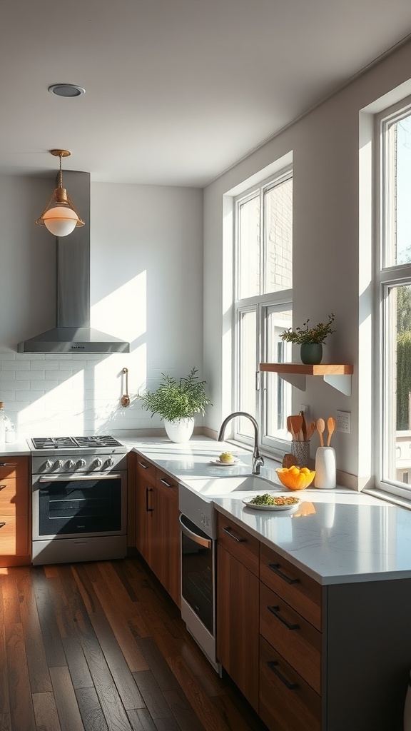 A cozy kitchen filled with natural light, featuring open spaces, wooden cabinets, and fresh ingredients.