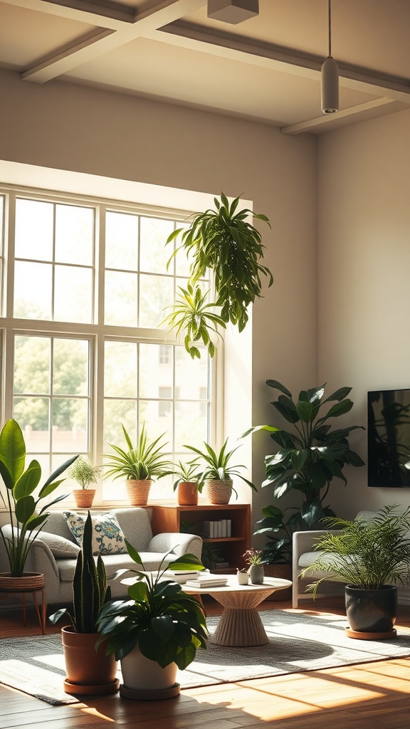Bright living room with large windows, showcasing various indoor plants and natural light.