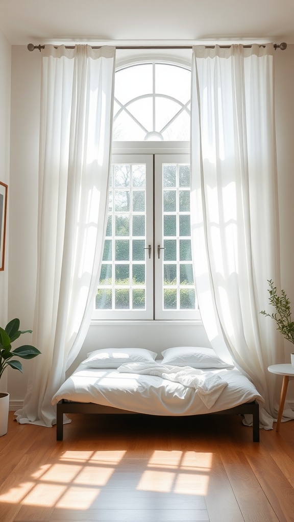 Bright bedroom with large windows, white curtains, and a cozy bed.